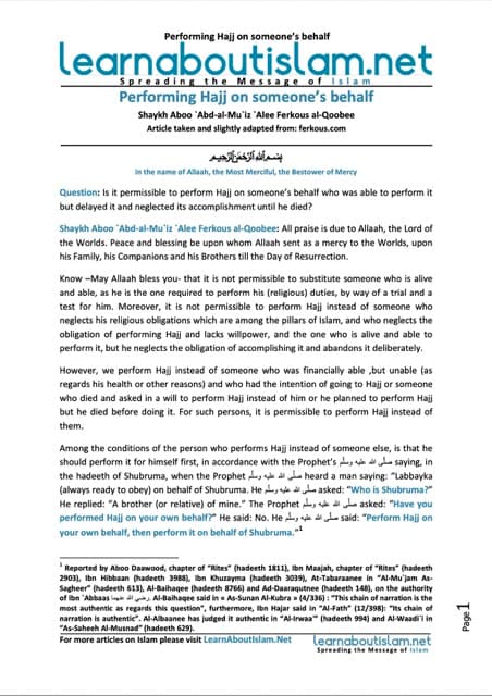 Performing Hajj on someone’s behalf