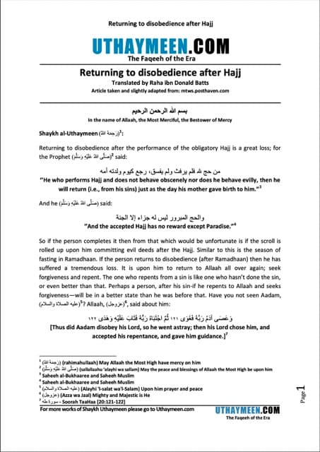 Returning to disobedience after Hajj, Ibn Uthaymeen