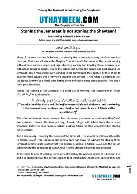 Stoning the Jamaraat is not stoning the Shaytaan, Ibn Uthaymeen