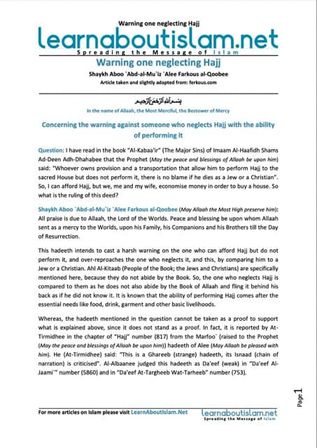 Warning one neglecting Hajj
