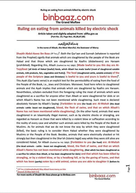 Eating from animals killed by electric shock, Ibn Baz