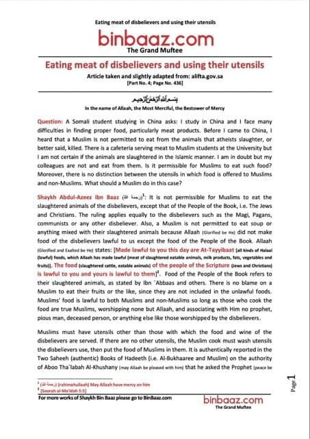 Eating meat disbelievers and using their utensils, Ibn Baz