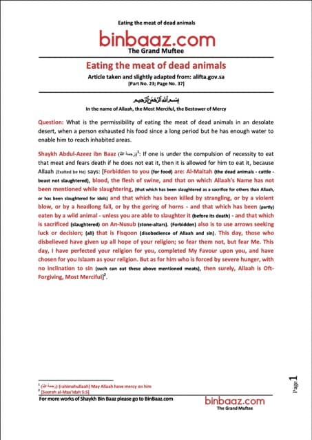 Eating the meat of dead animals, Ibn Baz