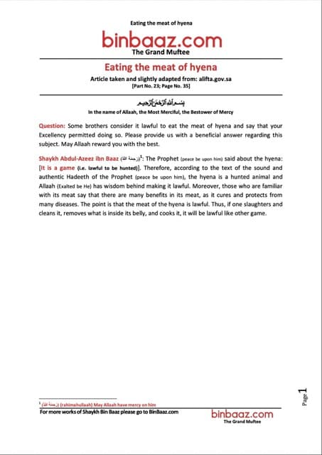 Eating the meat of hyena, Ibn Baz