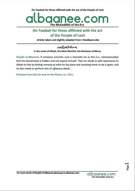 On Tawbah for those afflicted with the act of the People of Loot, al-Albaani