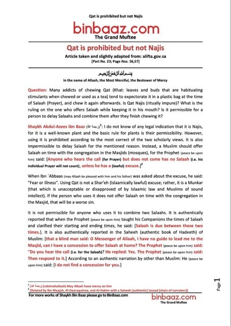 Qat is prohibited but not Najis, Ibn Baz