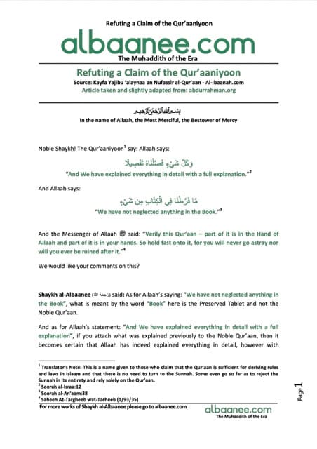 Refuting a Claim of the Qur’aaniyoon, al-Albaani