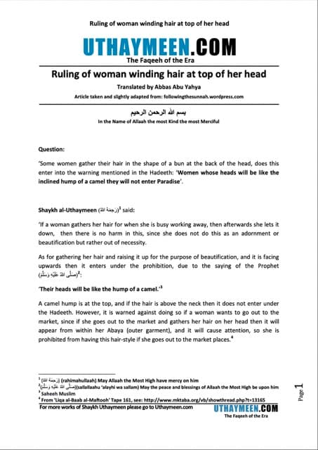 Ruling of woman winding hair at top of her head, Ibn Uthaymeen