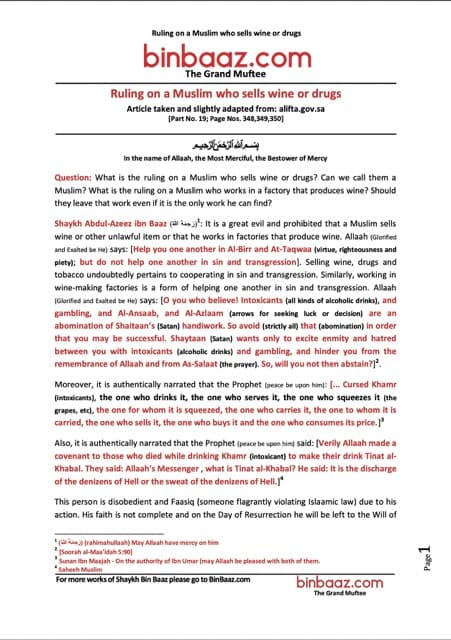 Ruling on a Muslim who sells wine or drugs, Ibn Baz
