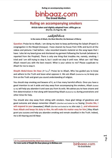 Ruling on accompanying smokers, Ibn Baz