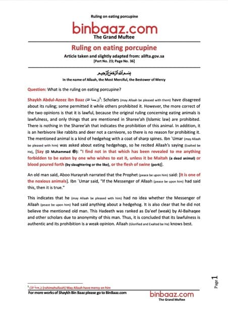 Ruling on eating porcupine, Ibn Baz