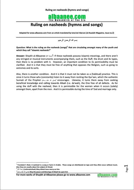 Ruling on nasheeds (hymns and songs), al-Albaani