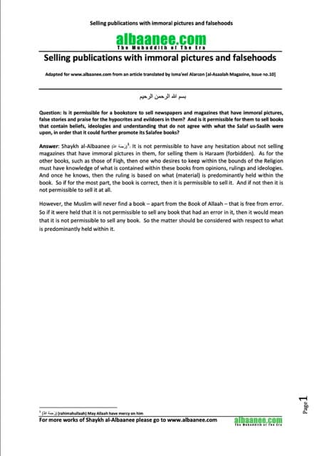 Selling publications with immoral pictures and falsehoods, al-Albaani