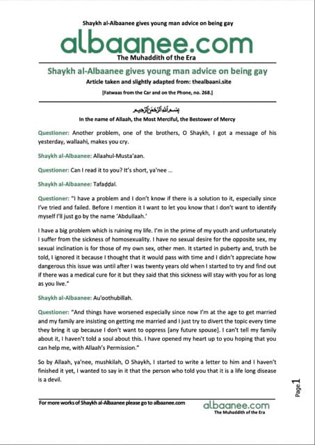 Shaykh al-Albaanee gives young man advice on being gay