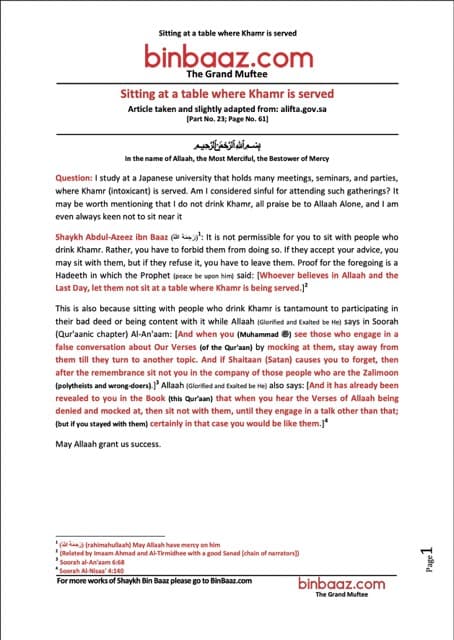 Sitting at a table where Khamr is served, Ibn Baz