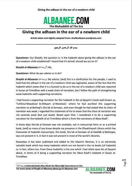 Giving the adhaan in the ear of a newborn child