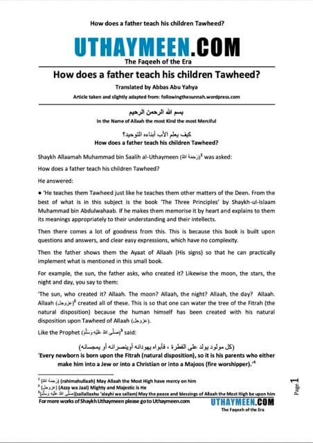 How does a father teach his children Tawheed